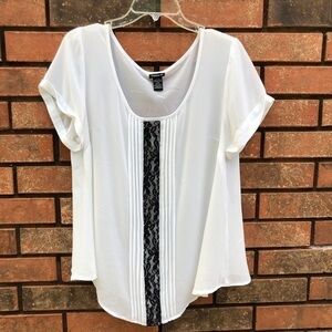 TORRID Size 0 White Sheer Top w/Black Lacy. EUC.